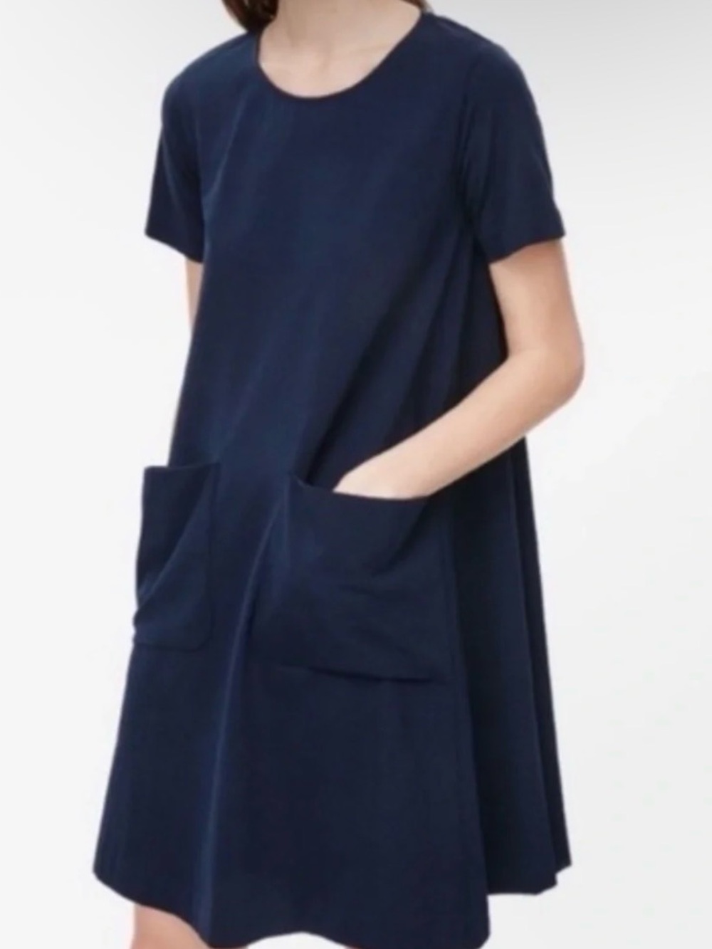 COS M A Line Dress Front Pockets Flowy Relaxed Fit Quiet Luxury Minimalist Navy